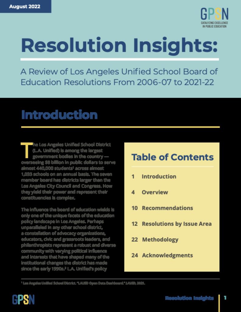 Resolution Insights: A Review of Los Angeles Unified School Board of Education Resolutions From 2006-07 to 2021-22 report cover